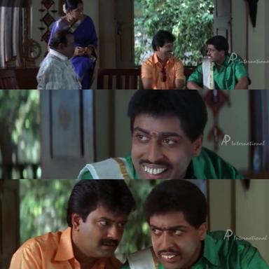 Perazhagan meme template with Chinna / Karthik (Suriya) with Kuzhandhai (Vivek)