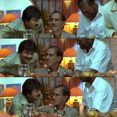 Sivaji: The Boss meme template with Sivaji Arumugam (Rajinikanth) with Arivu (Vivek)