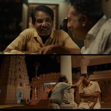 Thiruchitrambalam meme template with Thiruchitrambalam Sr. (Bharathiraja) with Inspector Neelakandan (Prakash Raj)