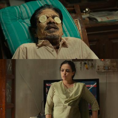 Thiruchitrambalam meme template with Thiruchitrambalam Sr. (Bharathiraja) with Shobana (Nithya Menen)