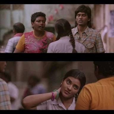 Vada Chennai meme template with Anbu (Dhanush) with Padma (Aishwarya Rajesh)