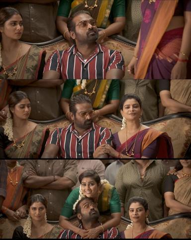 Vikram meme template with Karnan / Arun Kumar Vikram (Kamal Haasan) with Keykayi (Shivani Narayanan) with Sumitra (Myna Nandhini)