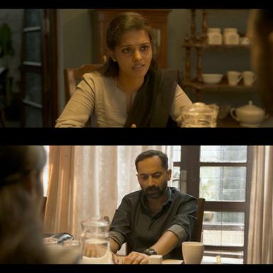 Vikram meme template with Amar (Fahadh Faasil) with Prabhanjan's wife (Swathishta Krishnan)