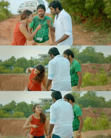 Naanum Rowdydhaan meme template with 'Pondy' Pandi (Vijay Sethupathi) with Kadambari (Nayanthara) with Junior Rowdy (Balaji Patturaj)