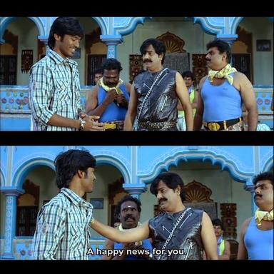 Padikathavan meme template with Radhakrishnan (Rocky) (Dhanush) with Assault Arumugam (Vivek)