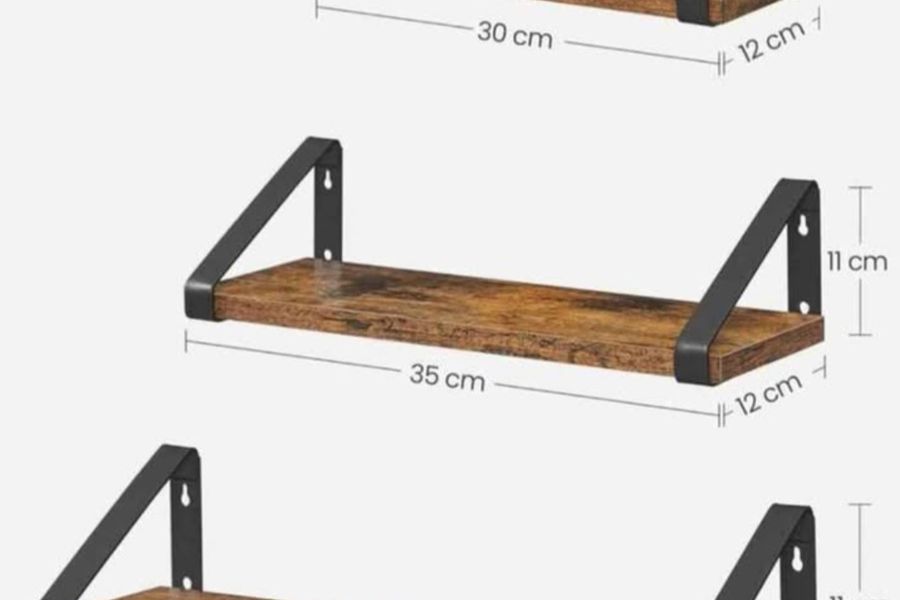 Nová Sada 3 ks nástěnných dřevěných polic s kovovými držáky