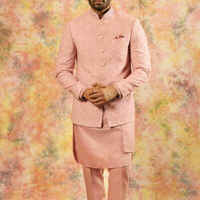 Coral Pink Georgette Jodhpuri Bandhgala Suit For Men