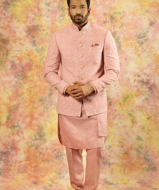 Coral Pink Georgette Jodhpuri Bandhgala Suit For Men