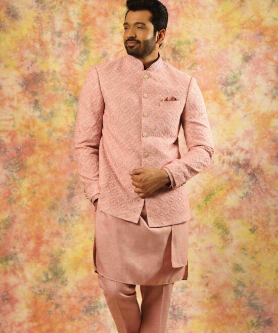 Coral Pink Georgette Jodhpuri Bandhgala Suit For Men