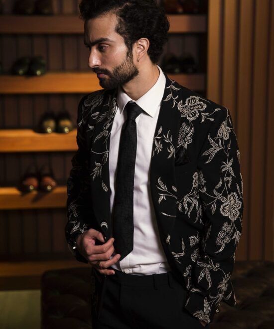 Black Embroidered Tuxedo Suit