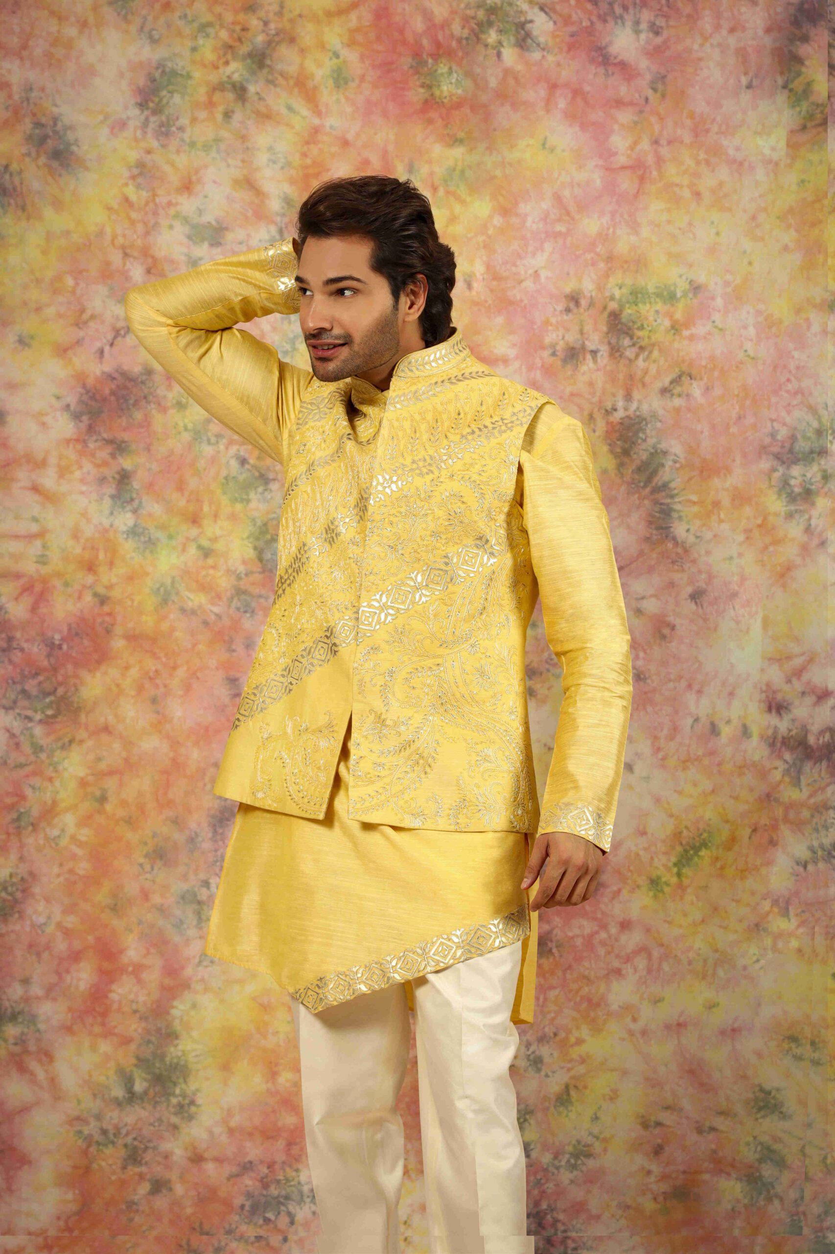 Yellow Silk Nehru Jacket Kurta Set For Haldi