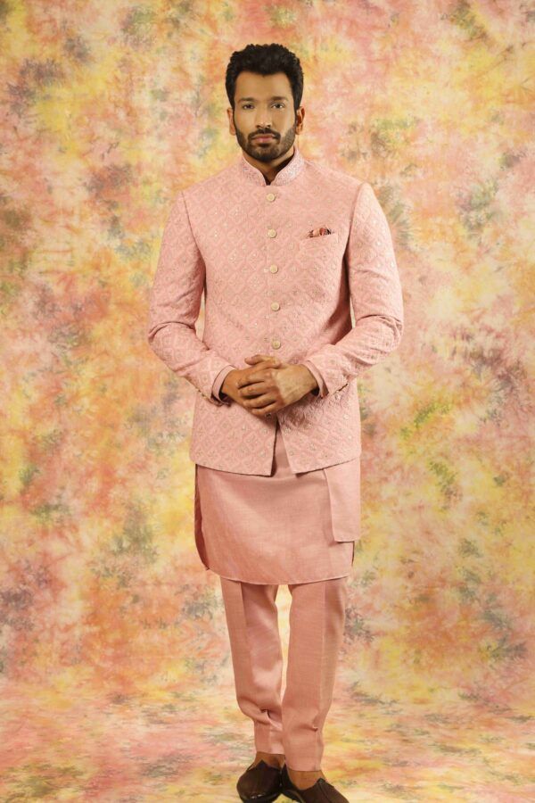 Coral Pink Georgette Jodhpuri Bandhgala Suit For Men