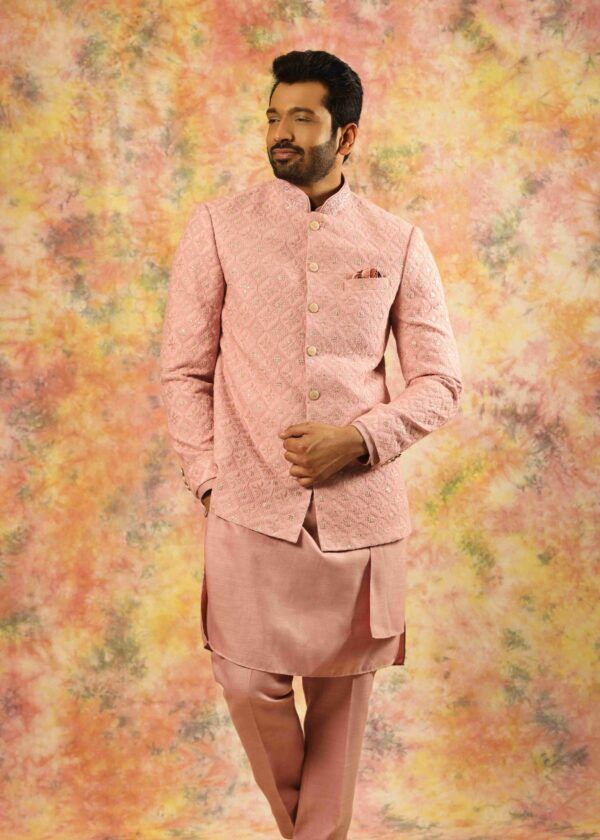Coral Pink Georgette Jodhpuri Bandhgala Suit For Men