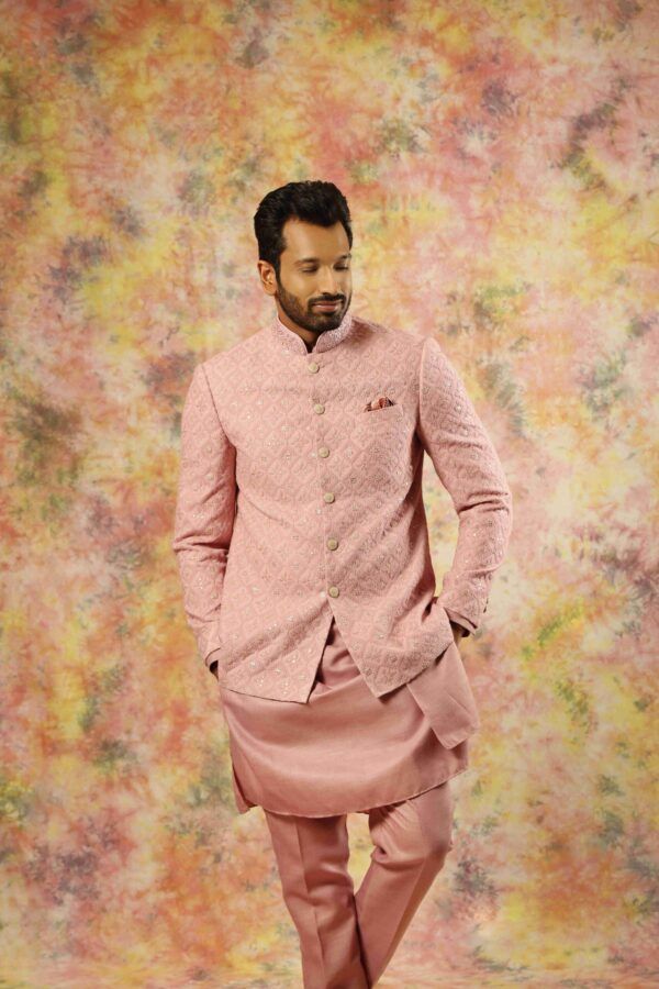 Coral Pink Georgette Jodhpuri Bandhgala Suit For Men