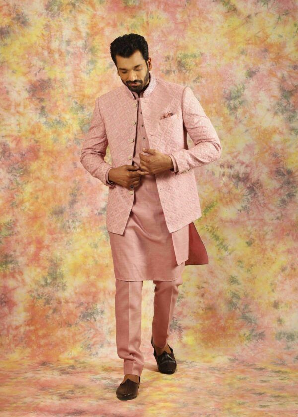 Coral Pink Georgette Jodhpuri Bandhgala Suit For Men
