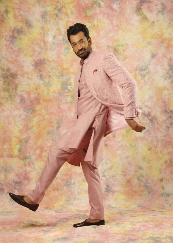 Coral Pink Georgette Jodhpuri Bandhgala Suit For Men