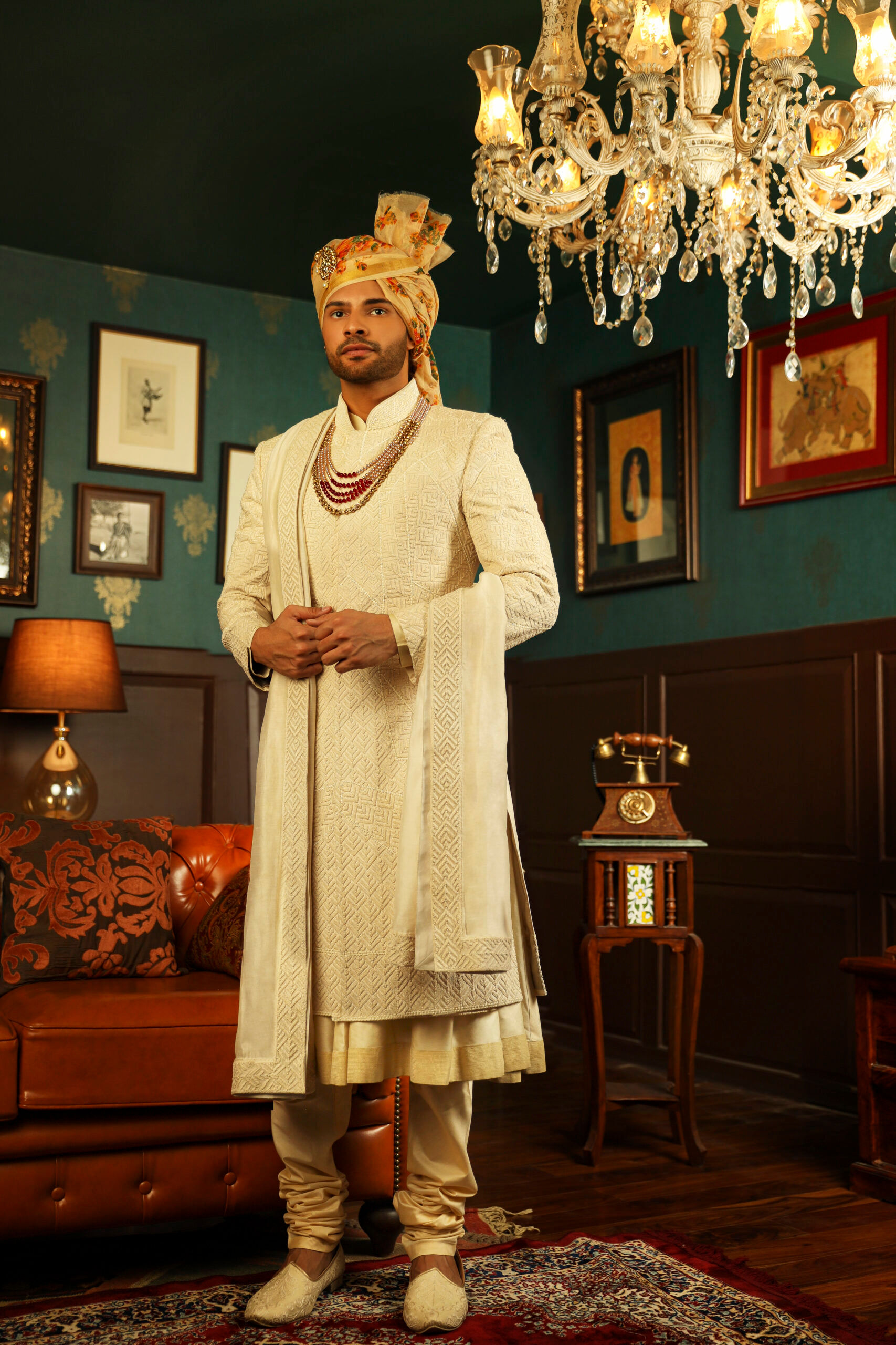 Groom’s Pearl White Silk Wedding Sherwani with Hand Embroidery & Beads