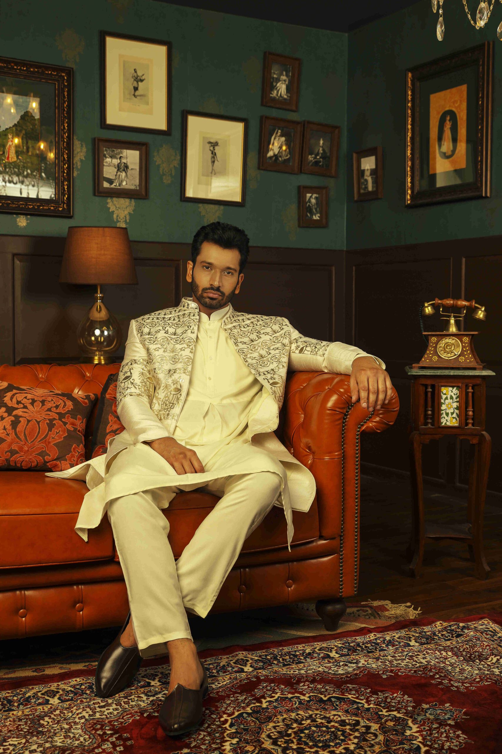 Vanilla White Silk Indo Drape Kurta with Lazer Embroidery