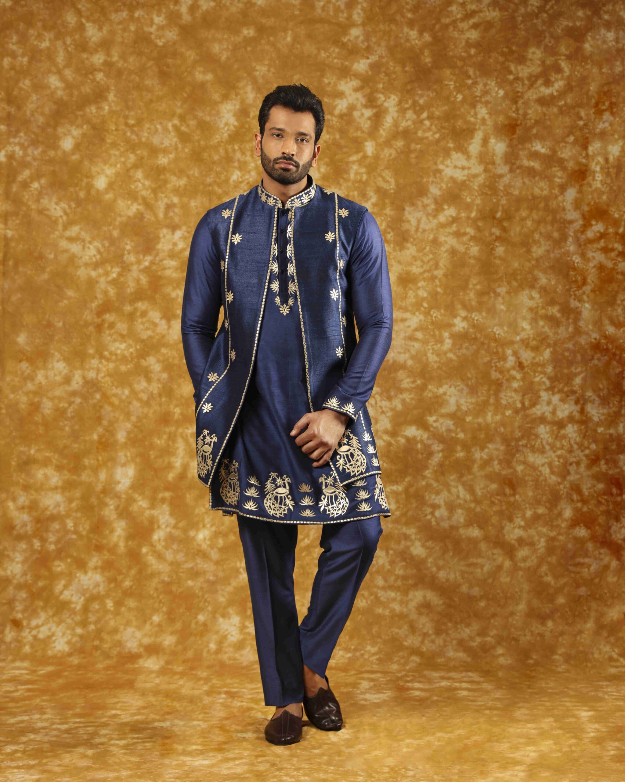 Cobalt Blue Silk Long Jacket Kurta Pyjama with Lazer Embroidery