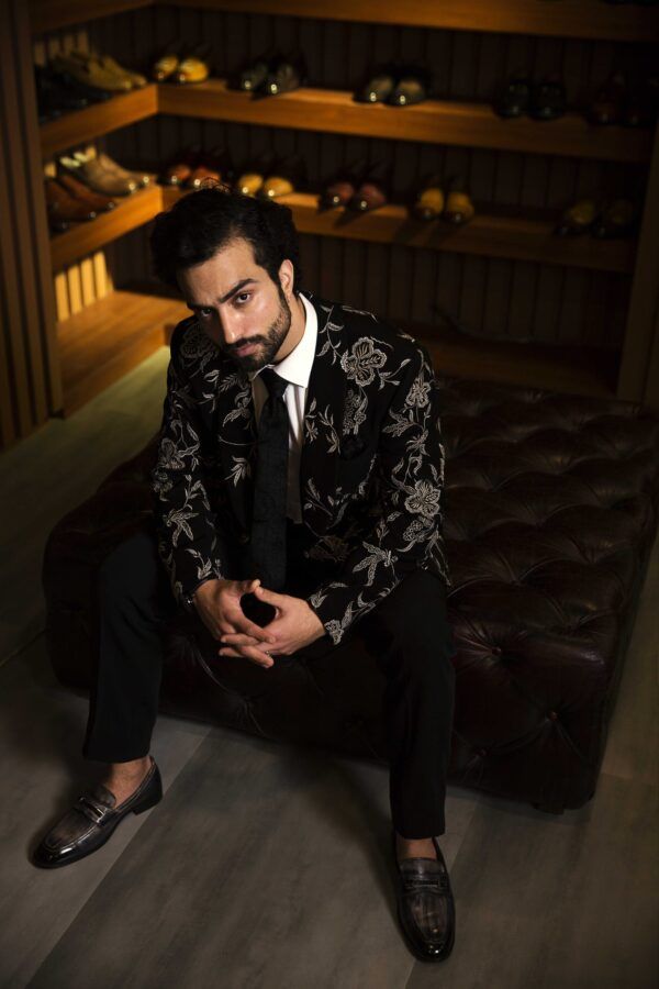 Black Embroidered Tuxedo Suit