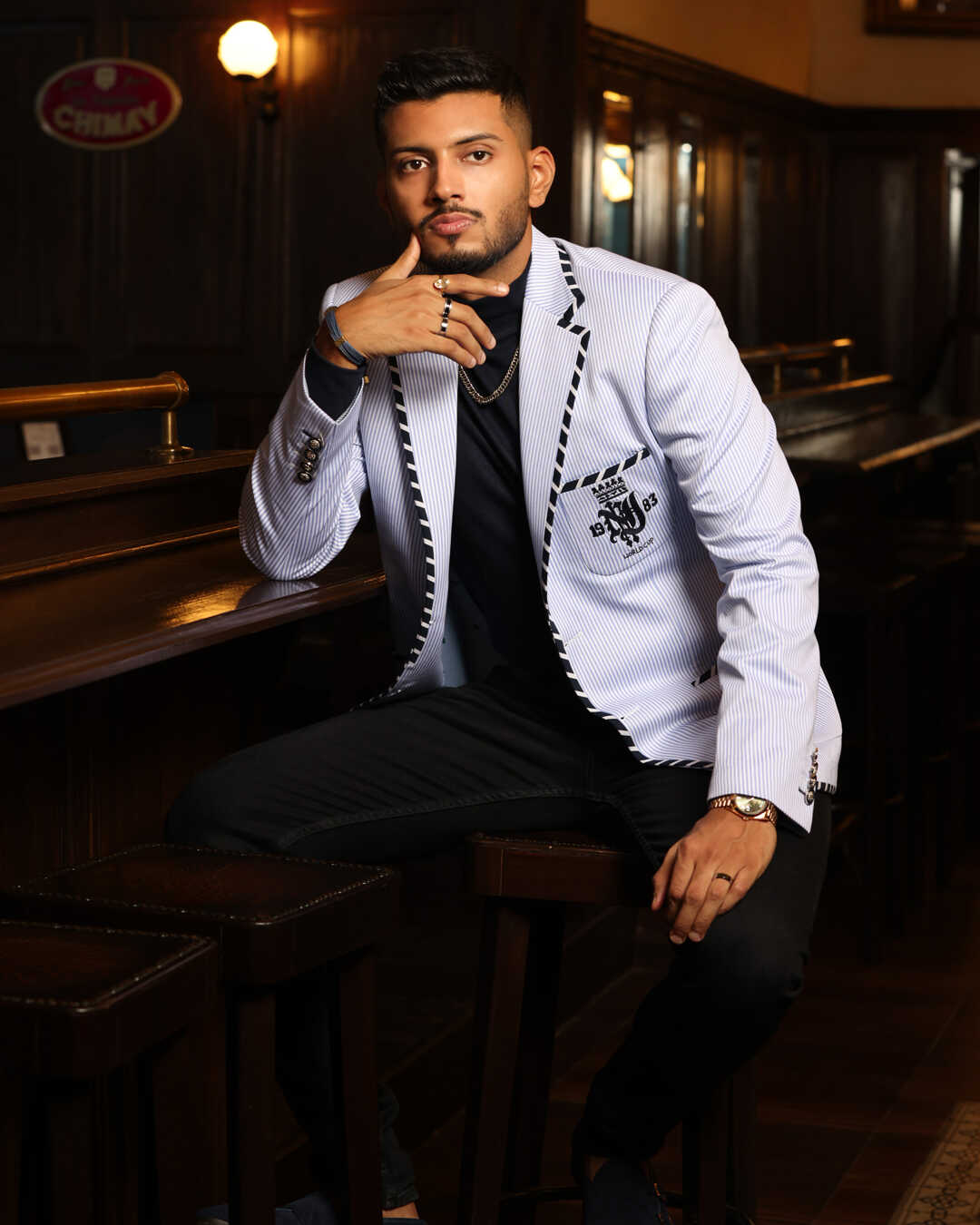 Modern Sky Blue Seersucker Blazer with Broach Embroidery