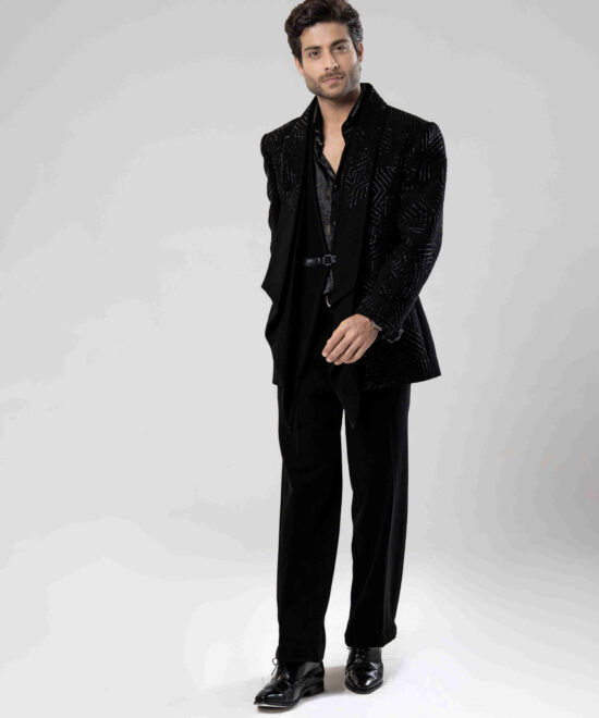 Black Hand-Cut Dana Work Tuxedo Suit 1