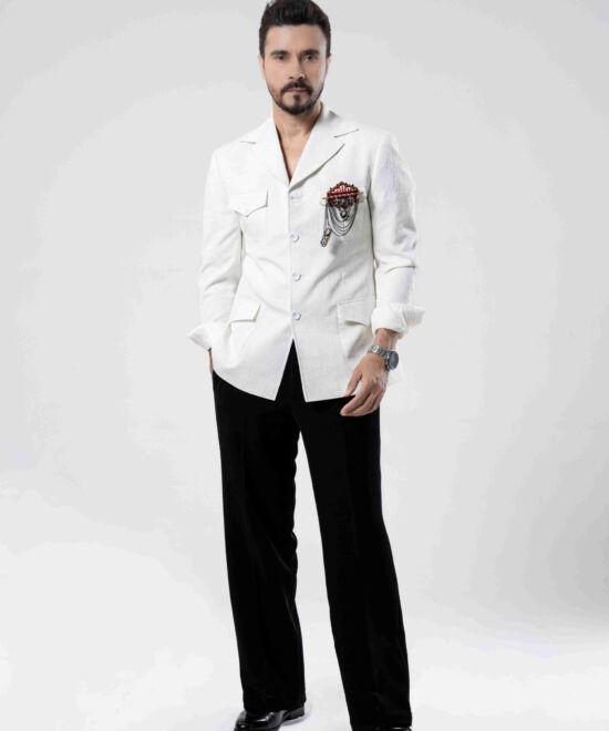 Ice White & Black Viscose-Wool Tuxedo Suit 1