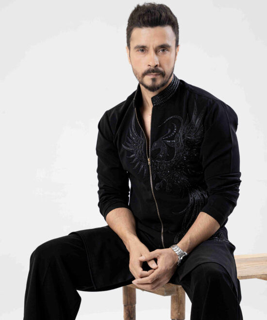 Black Viscose Stretch Kurta & Parallel Trousers 2