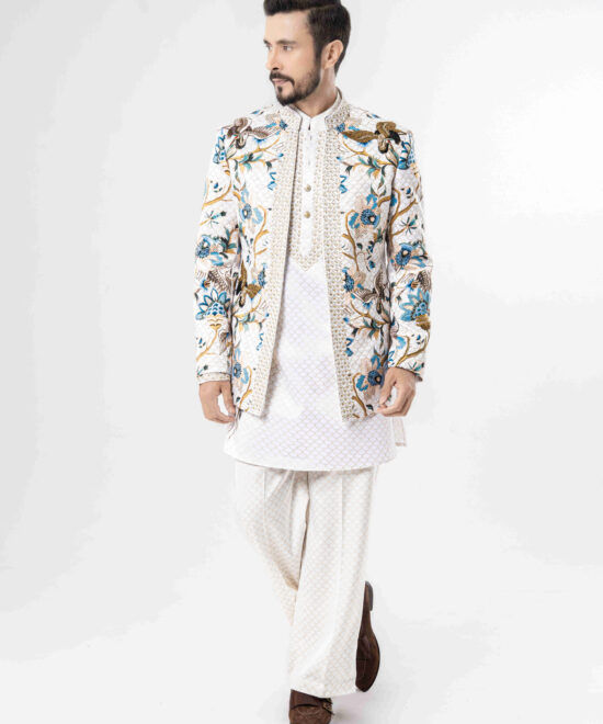 Pearl White Silk Crepe Blazer Kurta Set 1