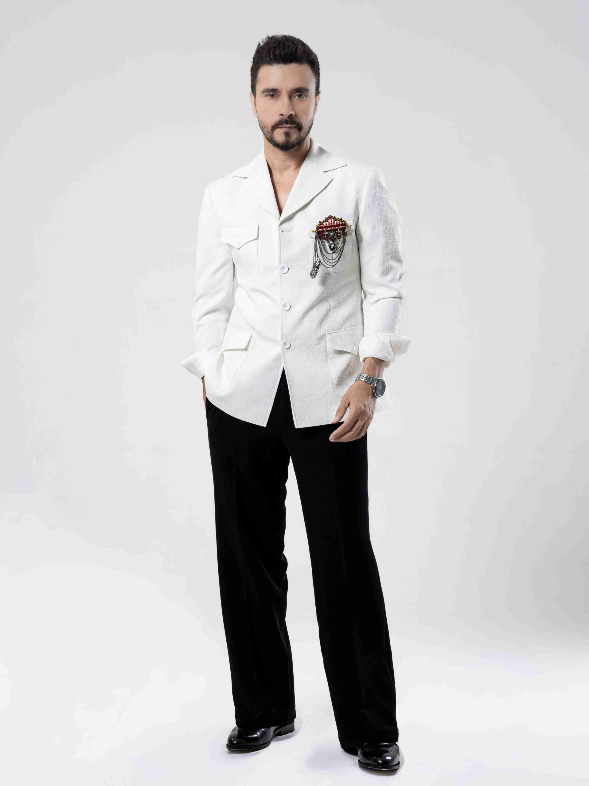 Ice White & Black Viscose-Wool Tuxedo Suit