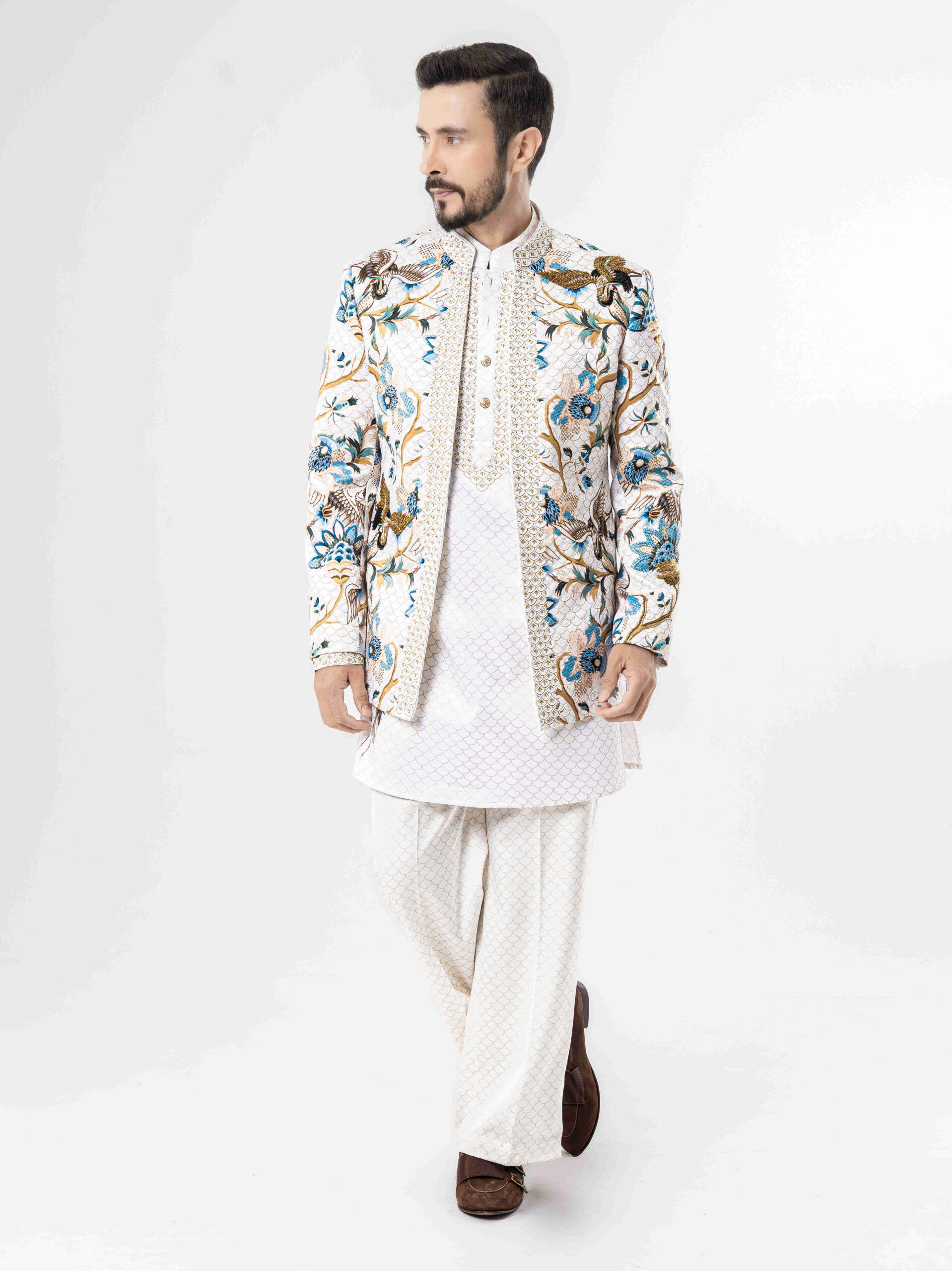 Pearl White Silk Crepe Blazer Kurta Set