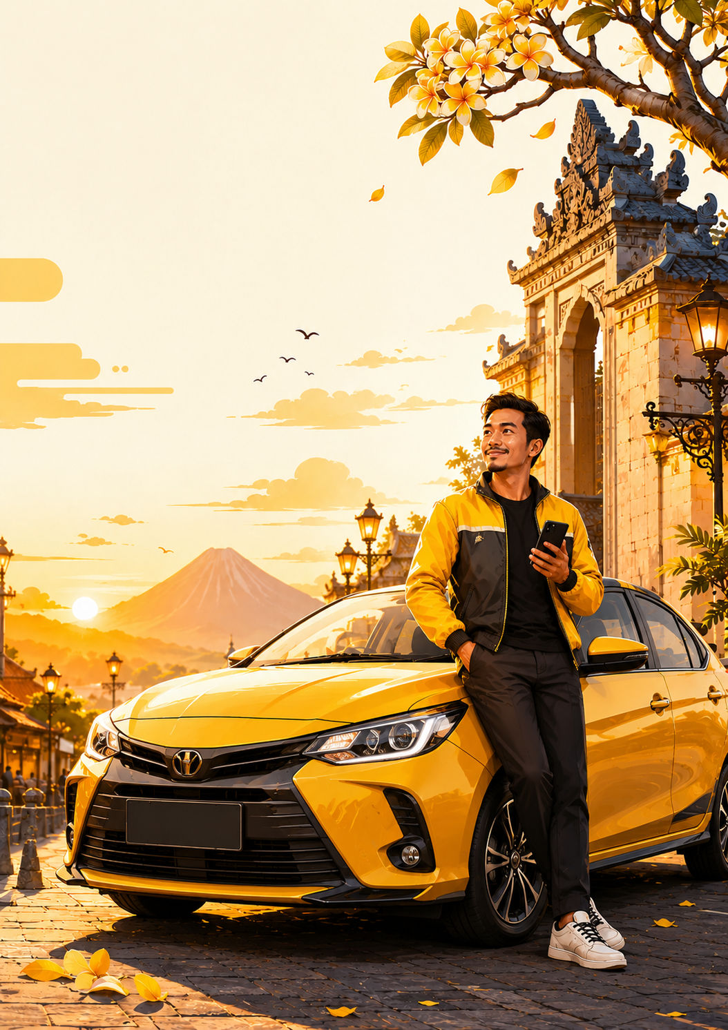 Driver mobil CityDrivers di samping sedan kuning saat matahari terbenam di Bali