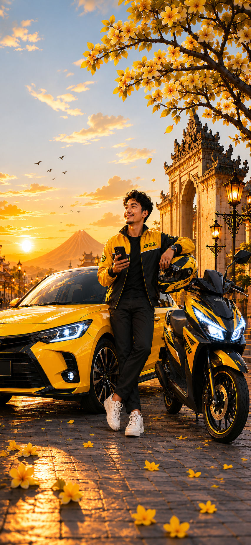 Pria muda Indonesia memegang ponsel di antara mobil kuning dan motor kuning saat matahari terbenam