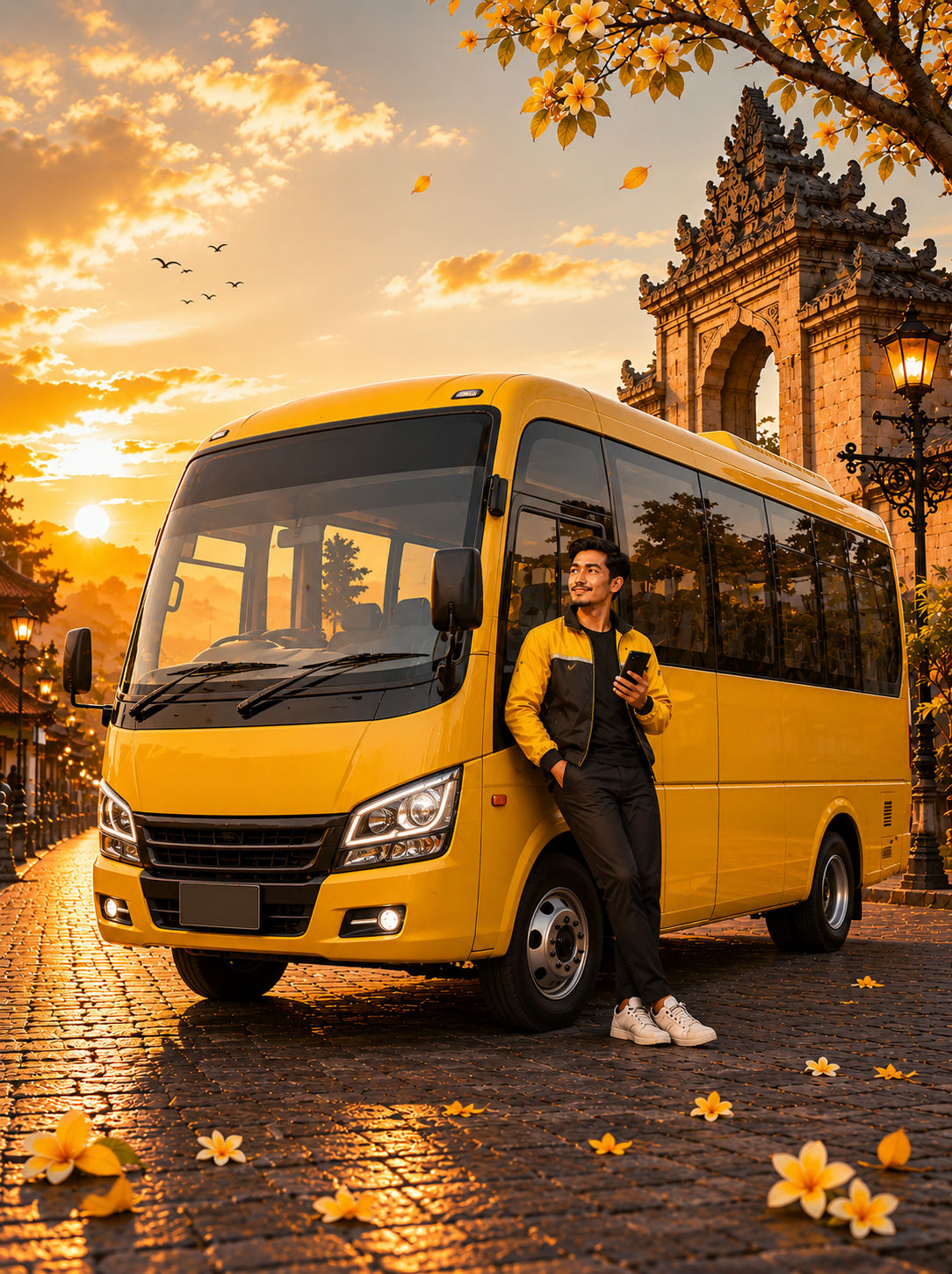 Driver minibus CityDrivers di samping Hiace kuning saat matahari terbenam