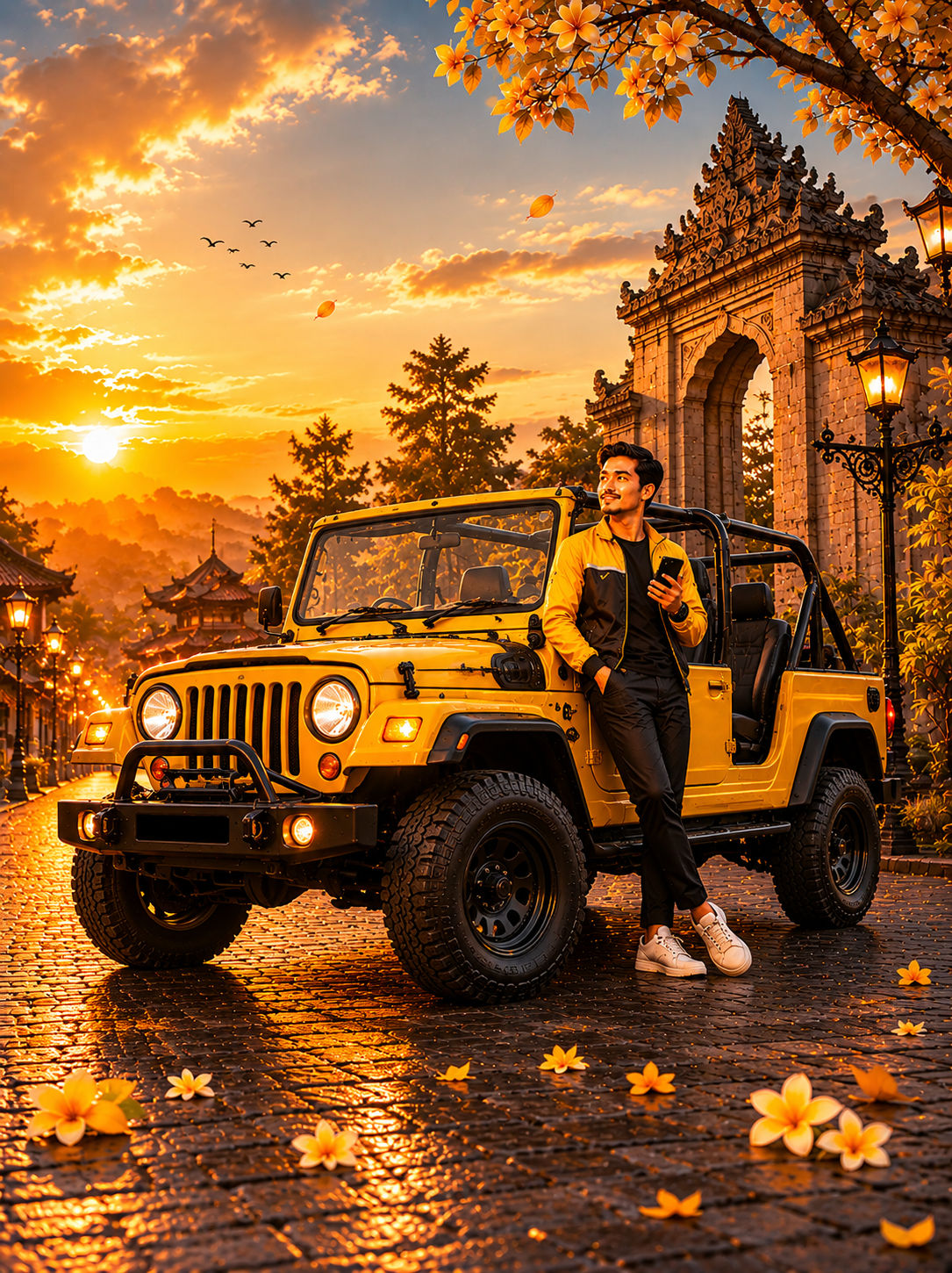 Driver jeep CityDrivers di samping jeep kuning saat sunrise di gunung Indonesia
