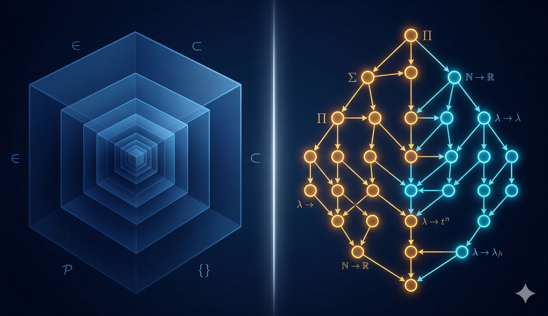 ZFC's infinite tower of nested sets versus CIC's clean tree of typed terms — two radically different visions of mathematical foundations