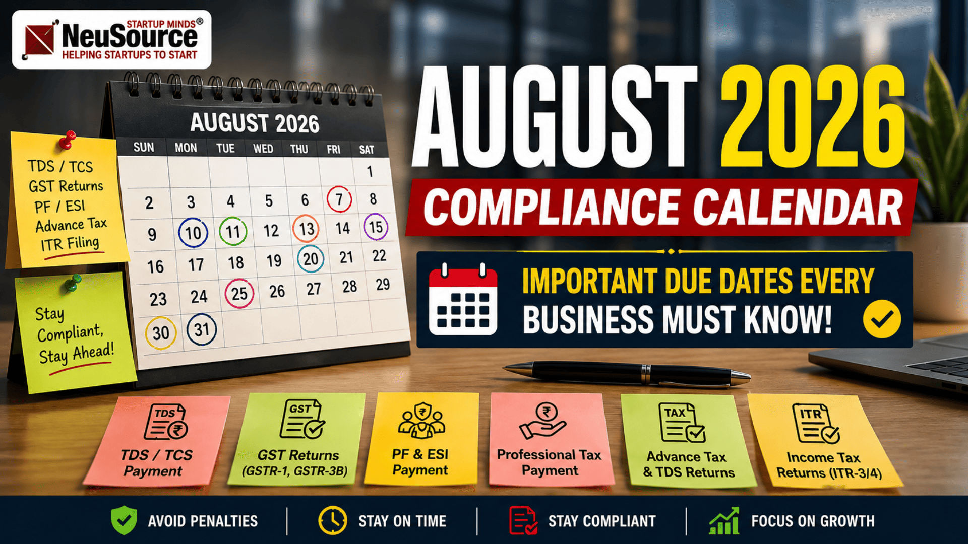 August 2026 Compliance Calendar: GST, TDS, ITR, PF & ESI Due Dates