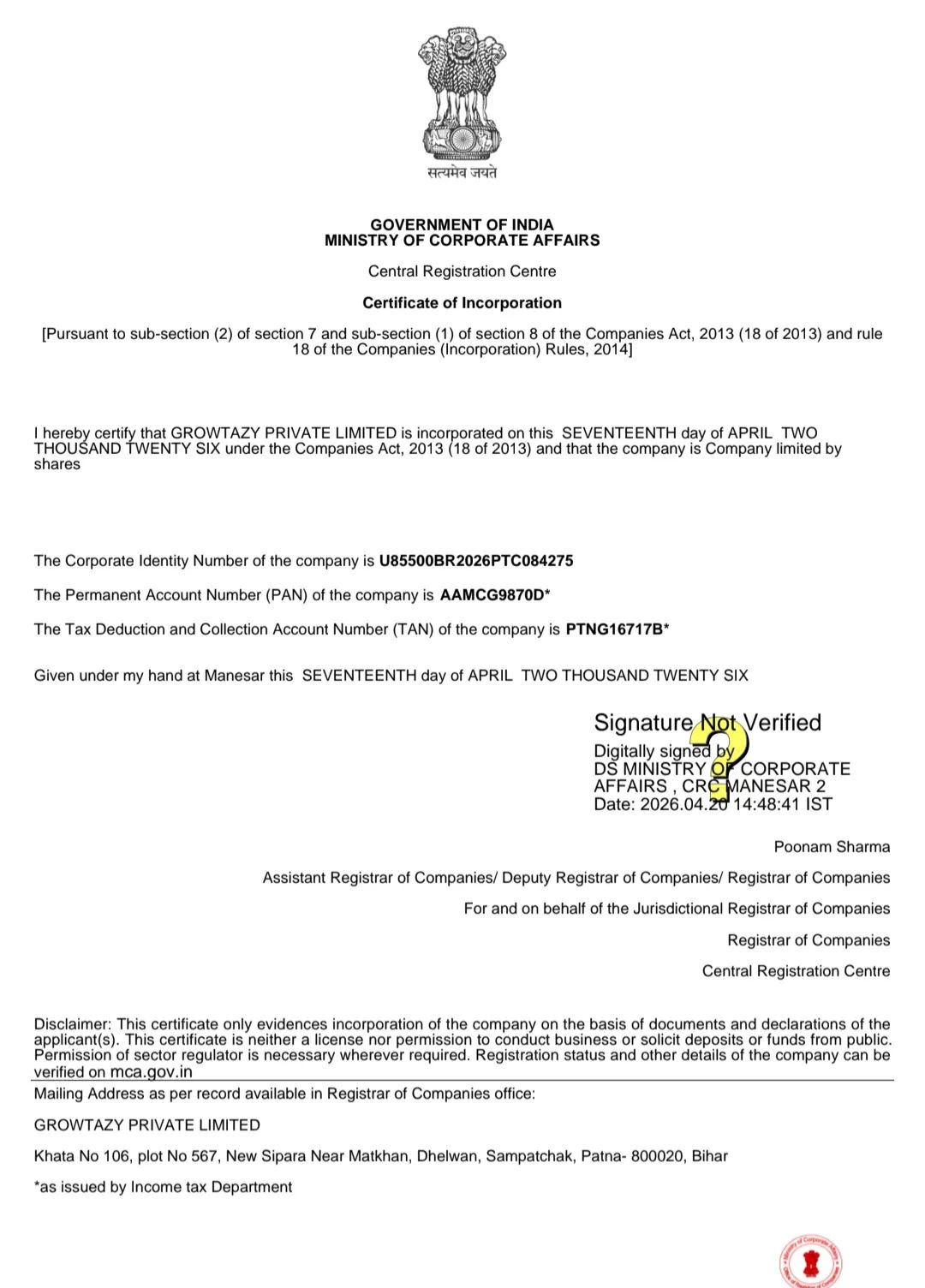 GrowTaZy Private Limited Incorporated