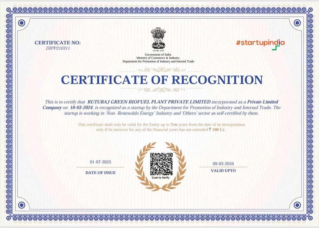 Start-up India Certificate Verified and Capable of Indian Government Tax Benefit From this Plantation.