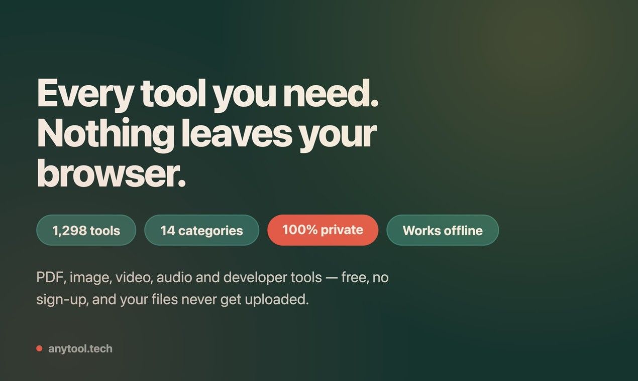 Every tool you need, nothing leaves your browser: 1,298 tools, 14 categories, 100% private, works offline