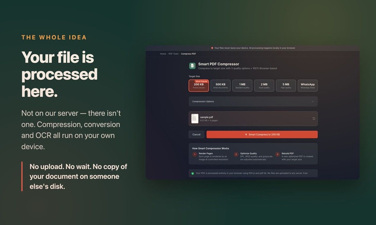 Your file is processed on your own device. There is no server, so there is no upload