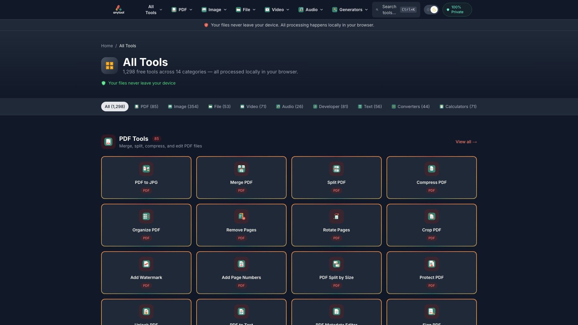 The All Tools page: every one of the 1,298 tools, searchable, on one domain