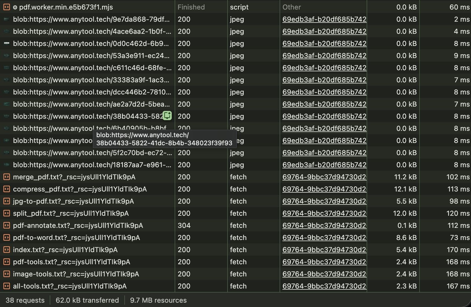 The browser's own Network panel during a conversion: no request carries the user's file
