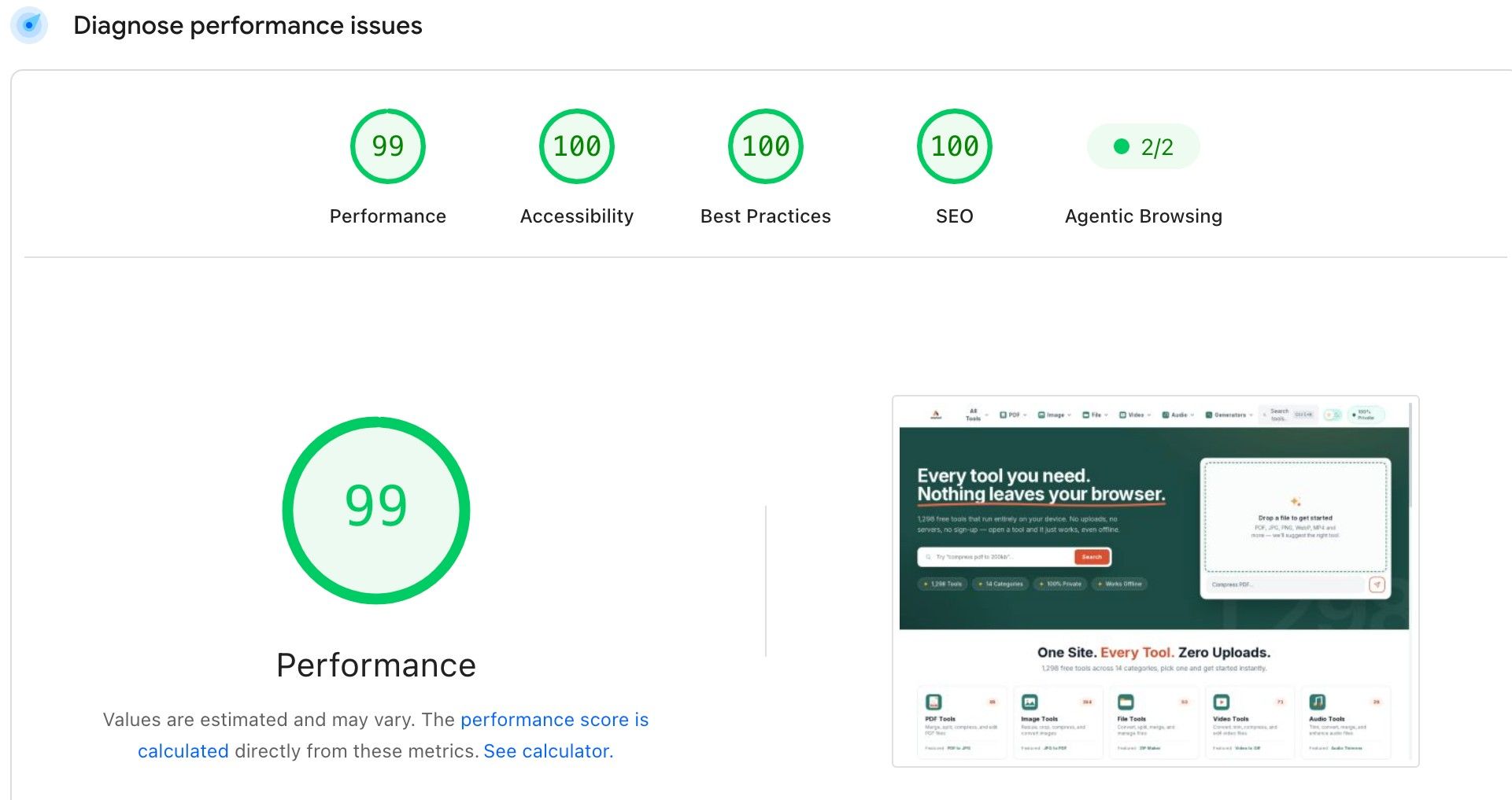 Google PageSpeed Insights, laptop, 24 September 2026: performance 99, accessibility, best practices and SEO 100