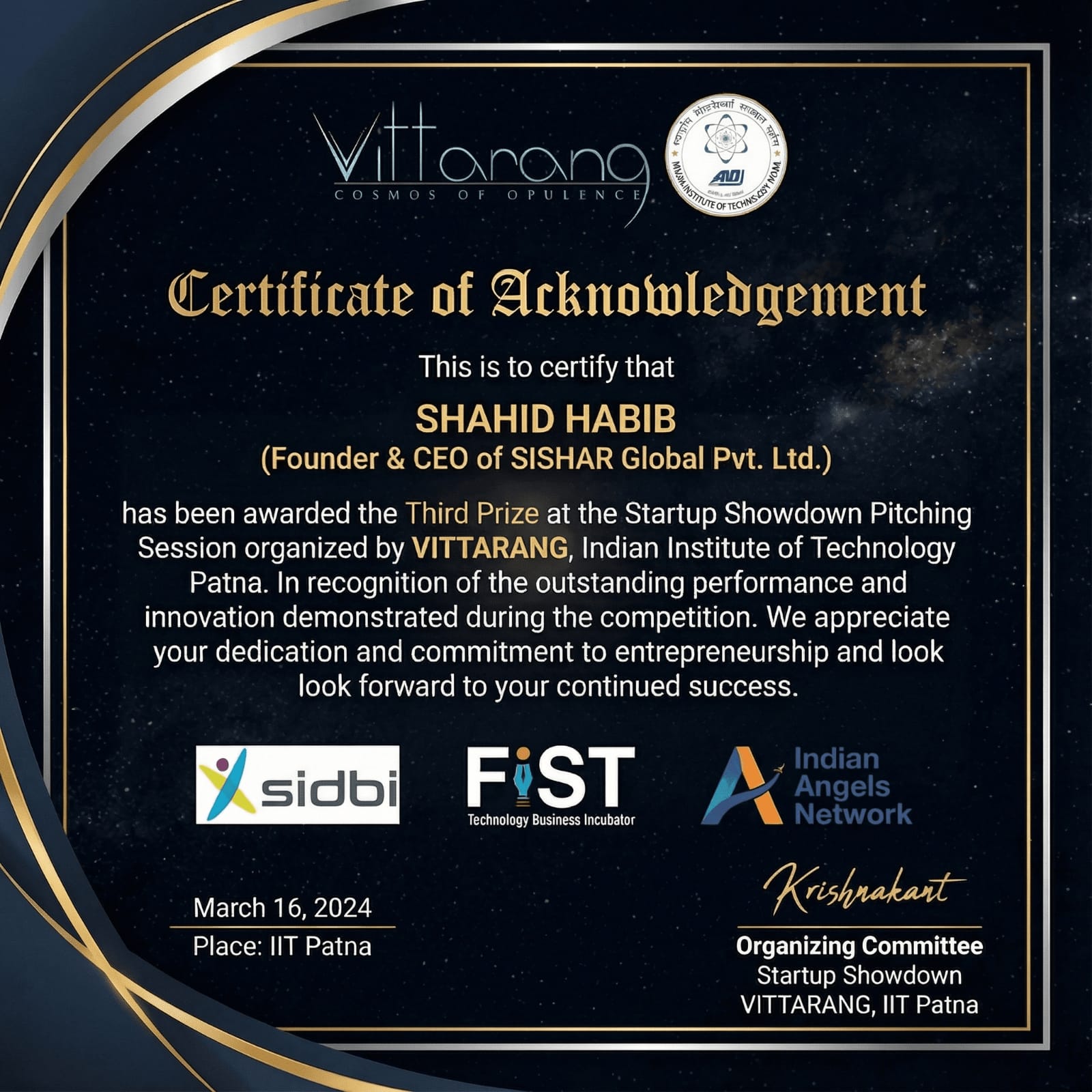 3rd Rank Winner – Startup Showdown IIT Patna