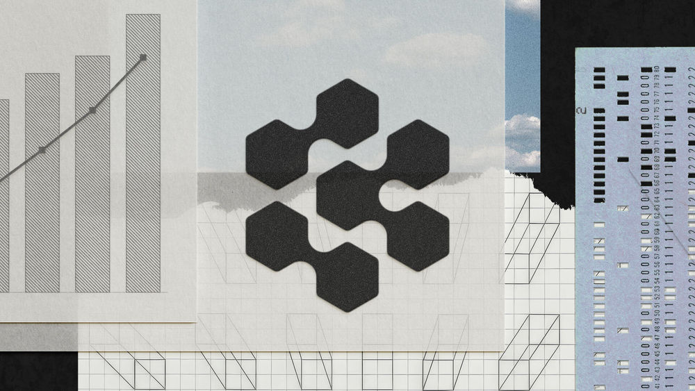 Cognition hexagon mark centered on a collage of charts, graph paper, punched cards, and pale sky