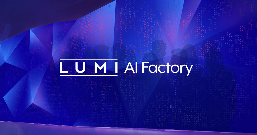 Official LUMI AI Factory banner with white title text on a faceted blue and purple field
