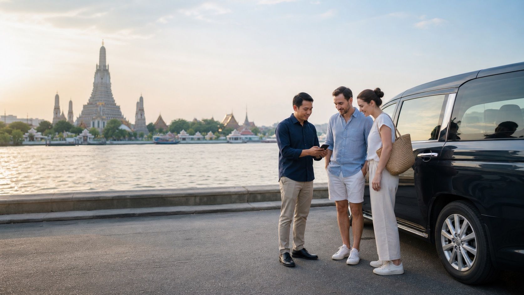 International travellers reviewing a Bangkok sightseeing route with a Thai transportation coordinator beside a private vehicle near Wat Arun