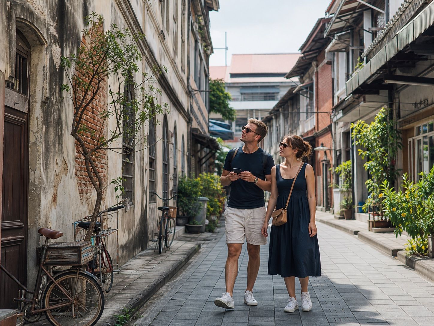 International travellers walking through an old Bangkok neighborhood near Talat Noi and Song Wat