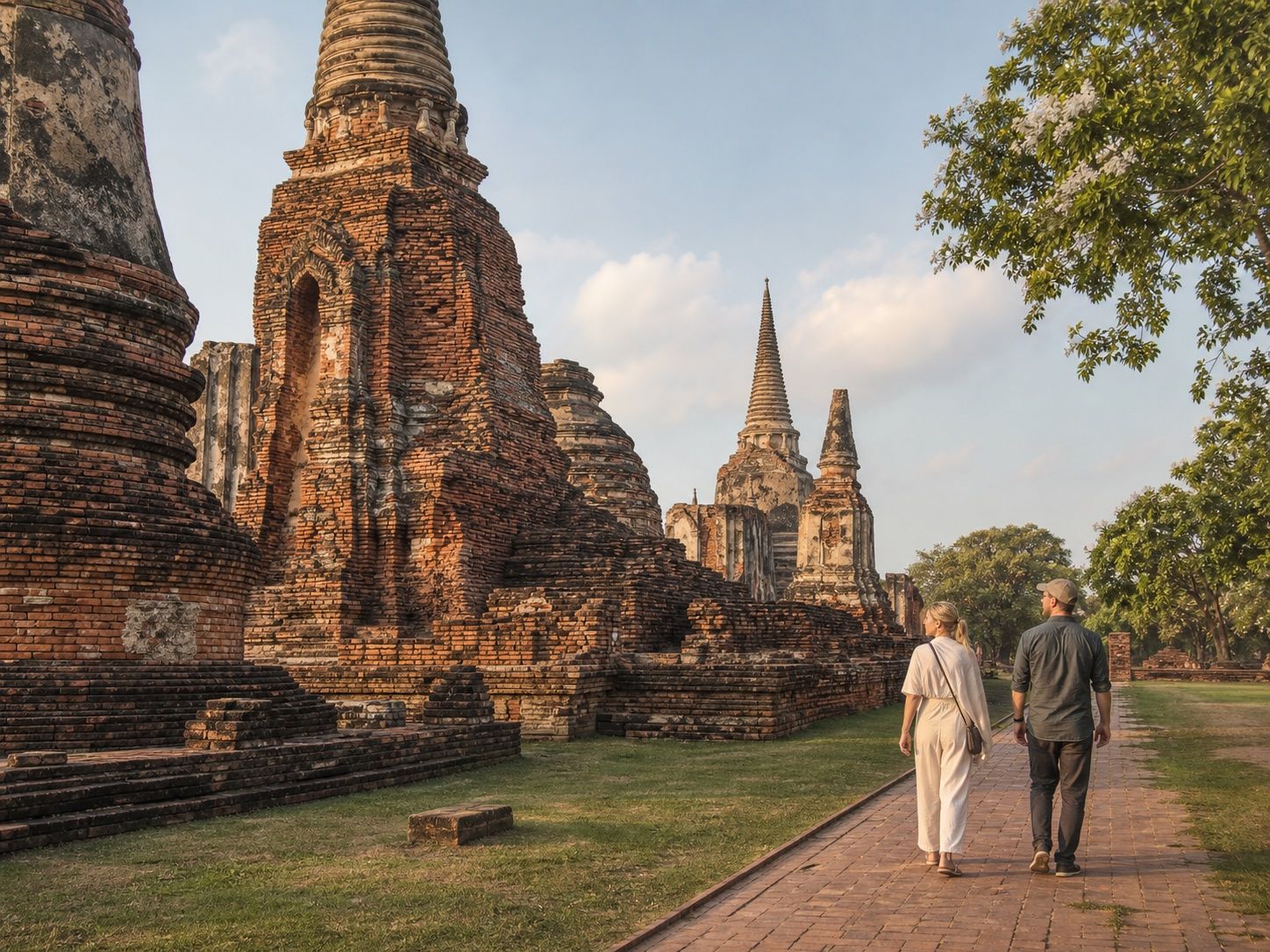 International travellers walking respectfully beside historic brick temple structures in Ayutthaya Historical Park